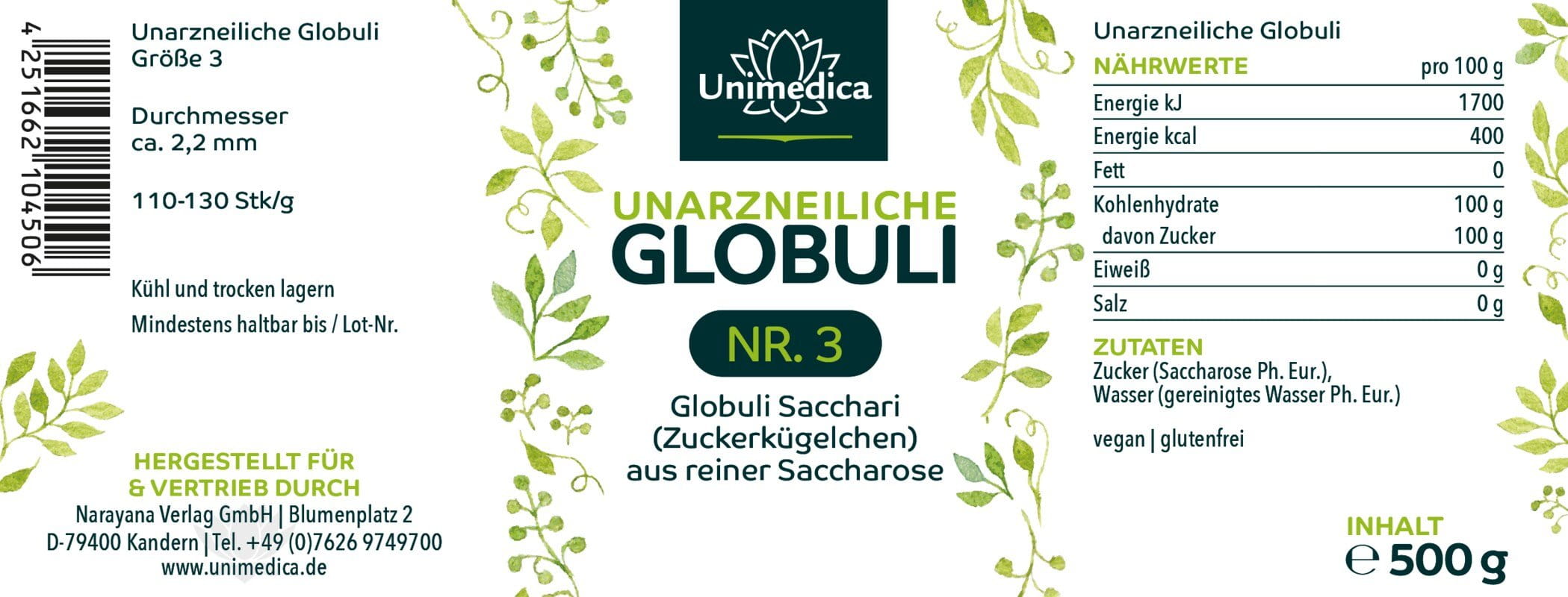 Unarzneiliche Globuli Nr.3 - Globuli Sacchari (Zuckerkügelchen) aus reiner Saccharose - 500 g - von Unimedica