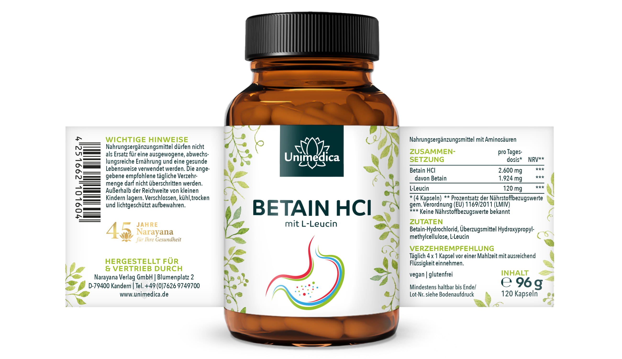 Betain HCl mit L-Leucin - 2.600 mg pro Tagesdosis (4 Kapseln) - 120 Kapseln - von Unimedica