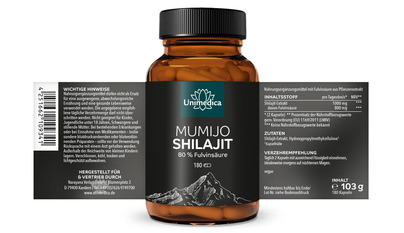 Mumijo Shilajit mit 80% Fulvinsäure - 180 Kapseln - von Unimedica