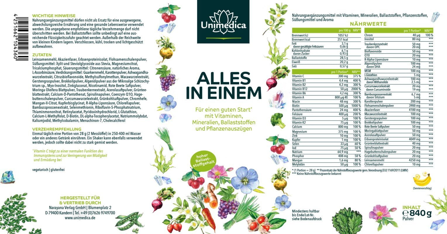 ALLES IN EINEM Banane* - All-in-One-Drink - Basis-Nährstoff-Komplex - 30 Portionen - Pulver - 840 g - von Unimedica