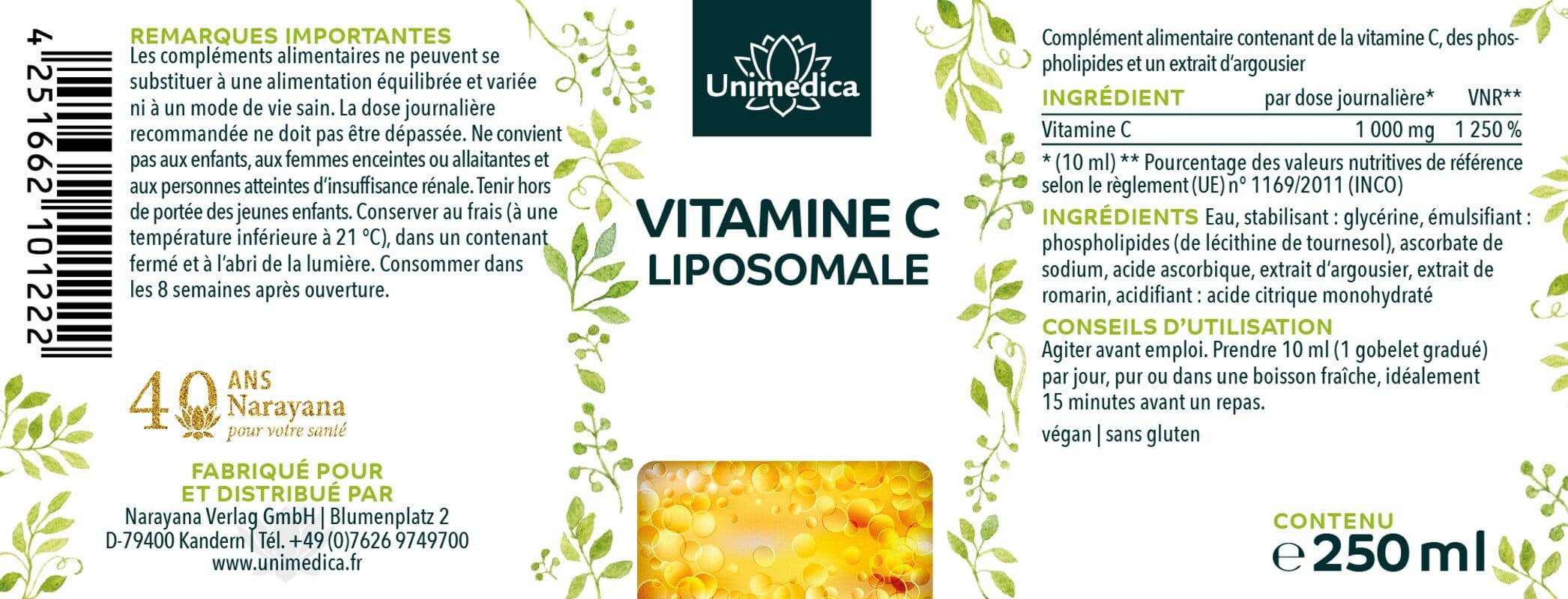Lot de 2: Vitamine C liposomale - 1 000 mg - 2 x 250 ml - par Unimedica
