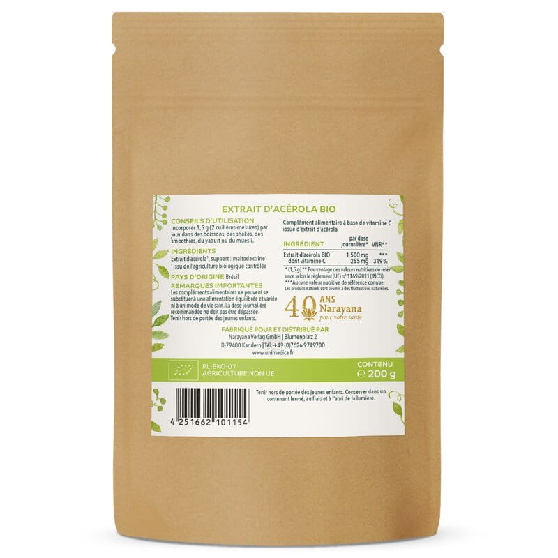 Poudre d'acérola bio -17% de vitamine C naturelle issue de la cerise acérola - 200 g - Unimedica