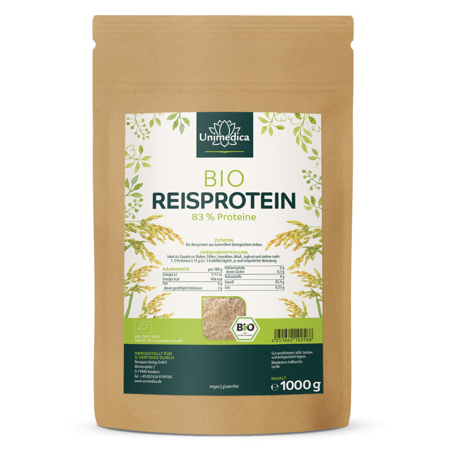 Bio Reisprotein - 83 % Proteine - 1000 g - natürliche Eiweißquelle - von Unimedica