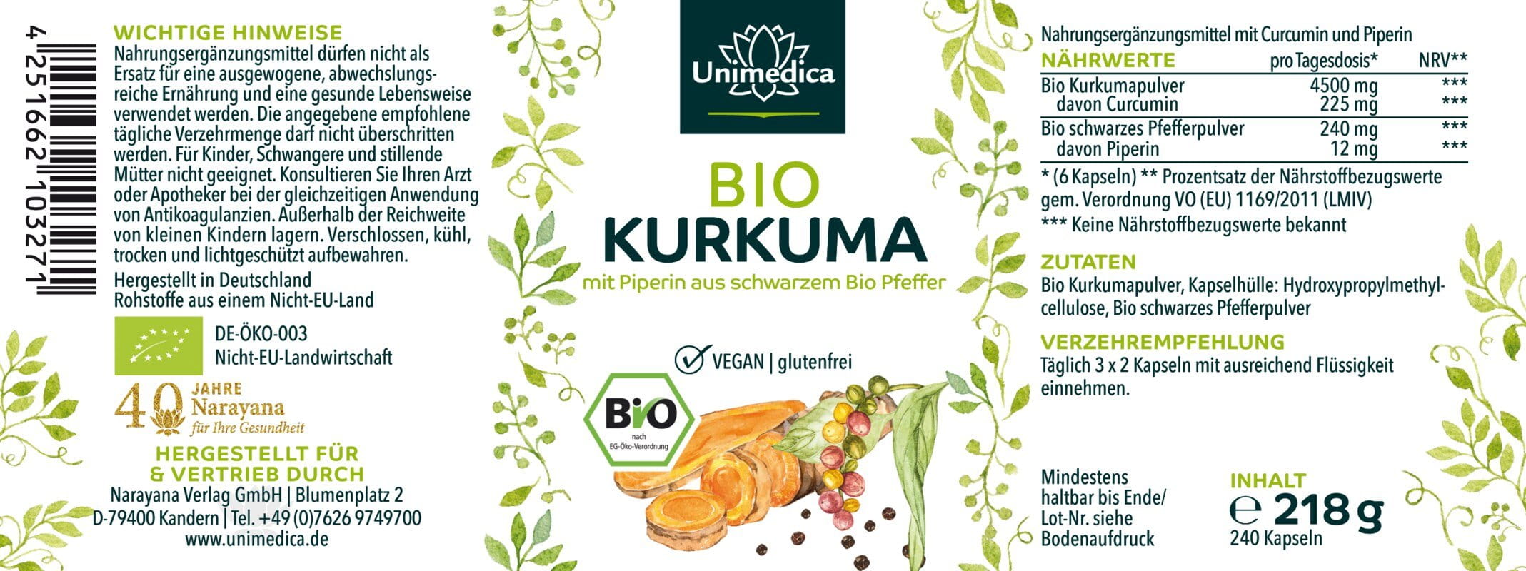 Curcuma BIO au poivre noir BIO - avec 225 mg de curcumine et 12 mg de pipérine par dose journalière (6 gélules) - 240 gélules  Unimedica