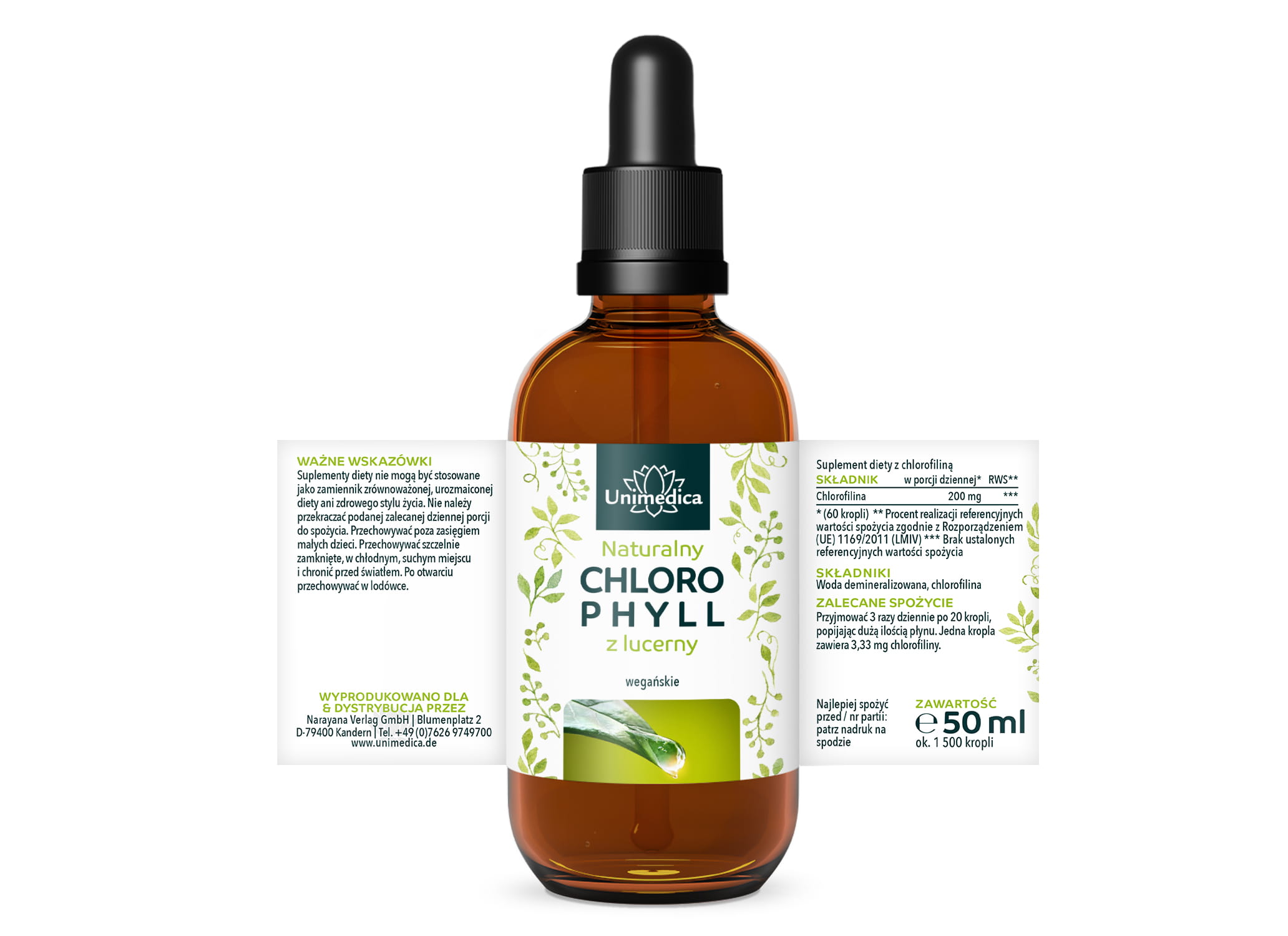 Chlorofil w kroplach - z lucerny - 200 mg na dawkę dzienną (3 x 20 kropli) - 50 ml - od Unimedica