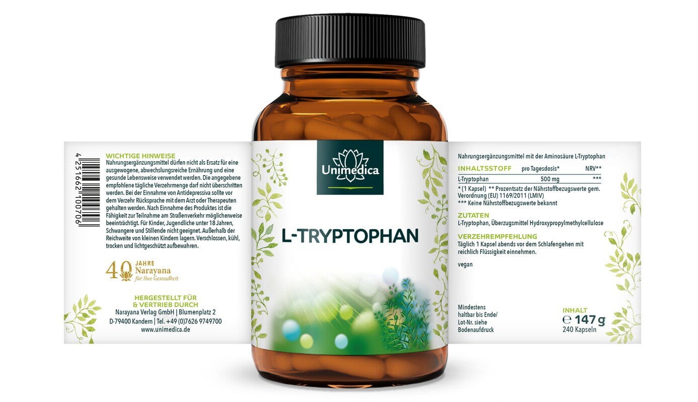 L-Tryptophan - 500 mg pro Tagesdosis (1 Kapsel) - 240 Kapseln - von Unimedica
