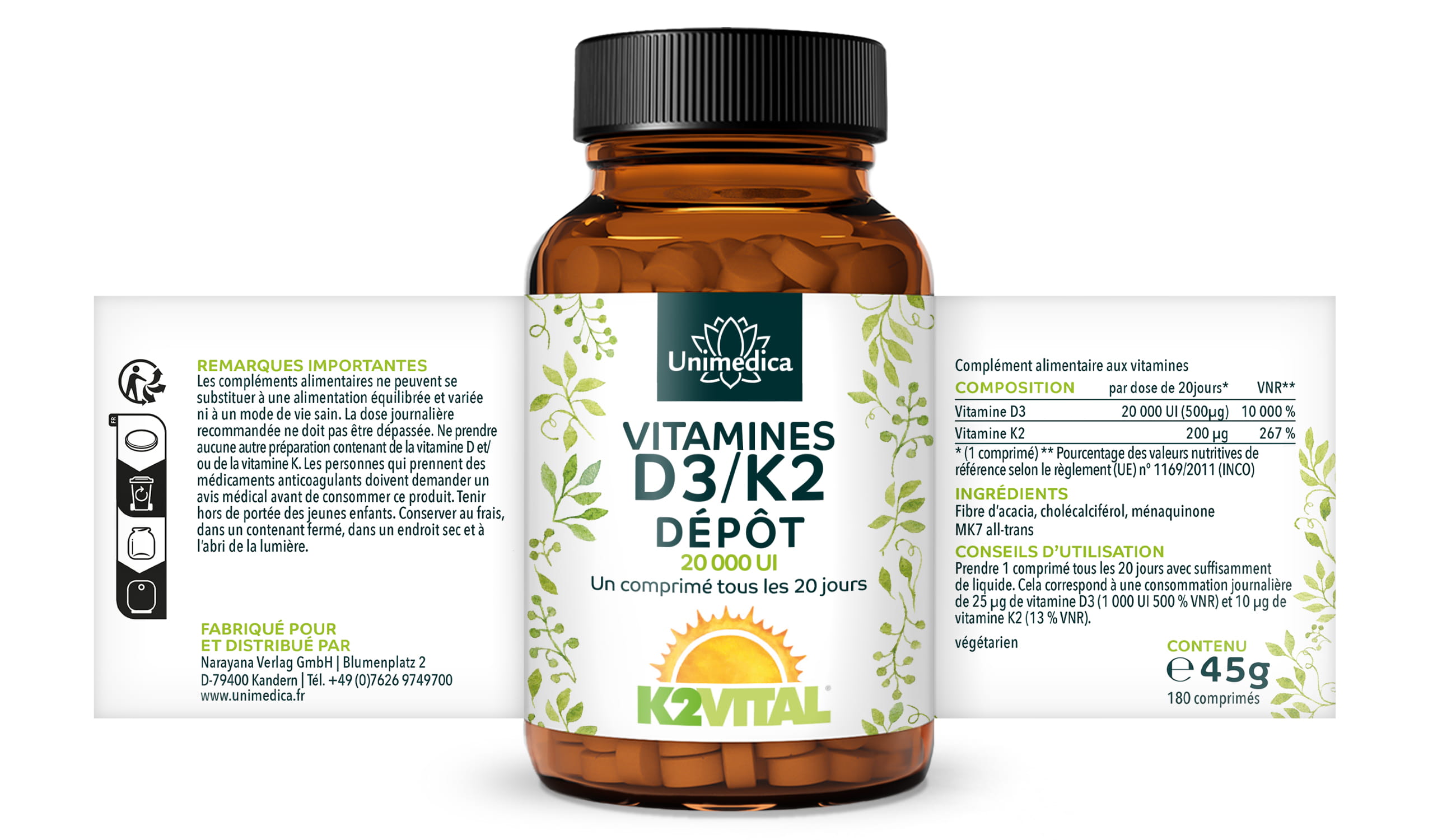 Vitamin D3 / K2 Depot  180 comprimés  d'Unimedica