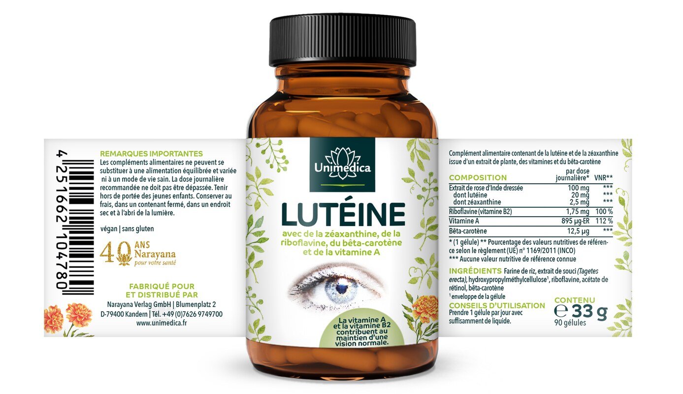 Lot de 2: Lutéine - avec zéaxanthine + vitamine B2 + bêta-carotène + vitamine A - 2 x 90 gélules - par Unimedica