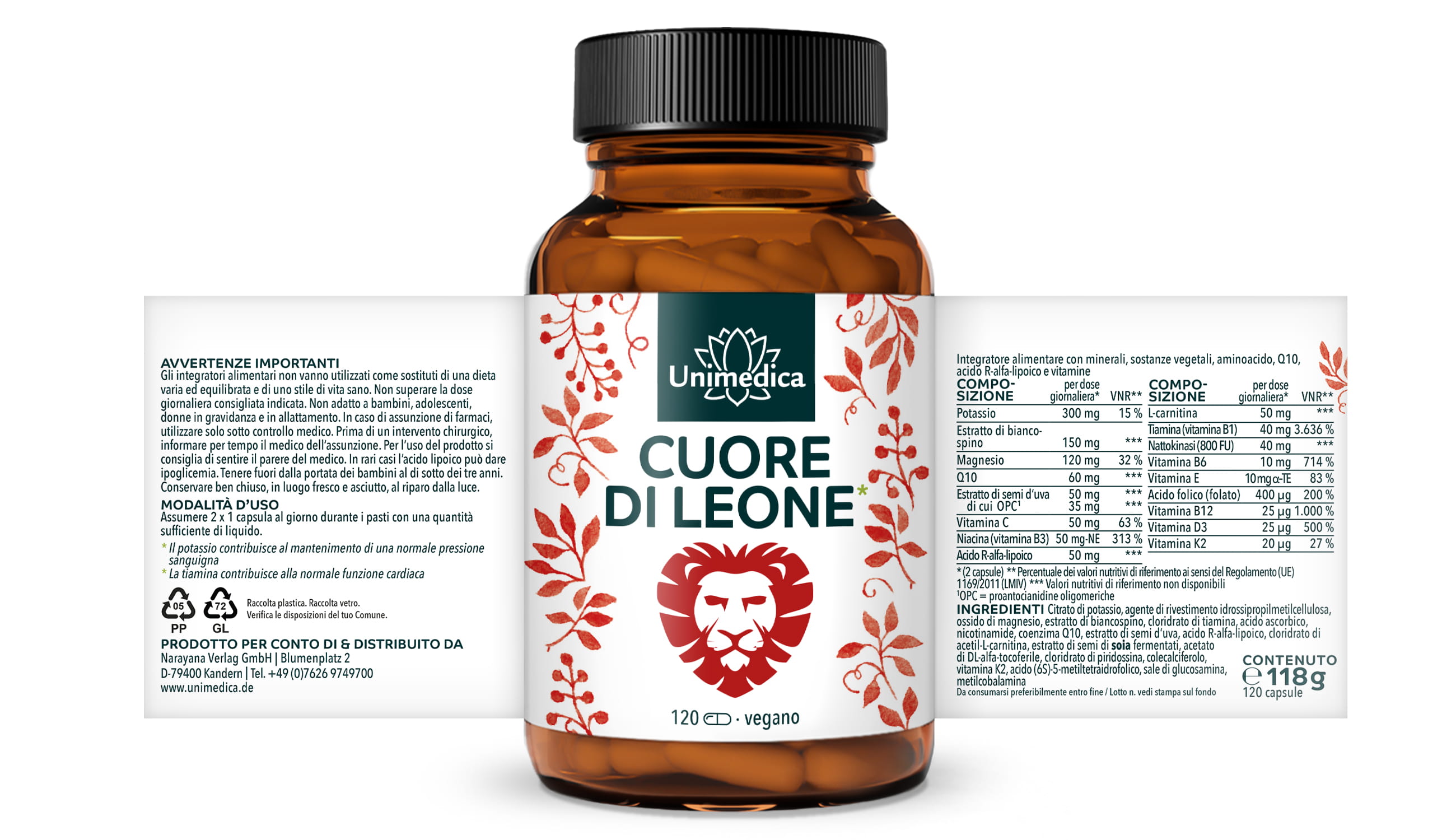 Cuore di Leone* - Complesso con potassio, estratto di biancospino, OPC, Q10, tiamina - 120 capsule - di Unimedica