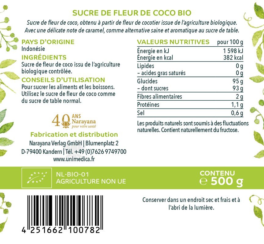 Sucre de fleur de coco bio - 500 g - par Unimedica