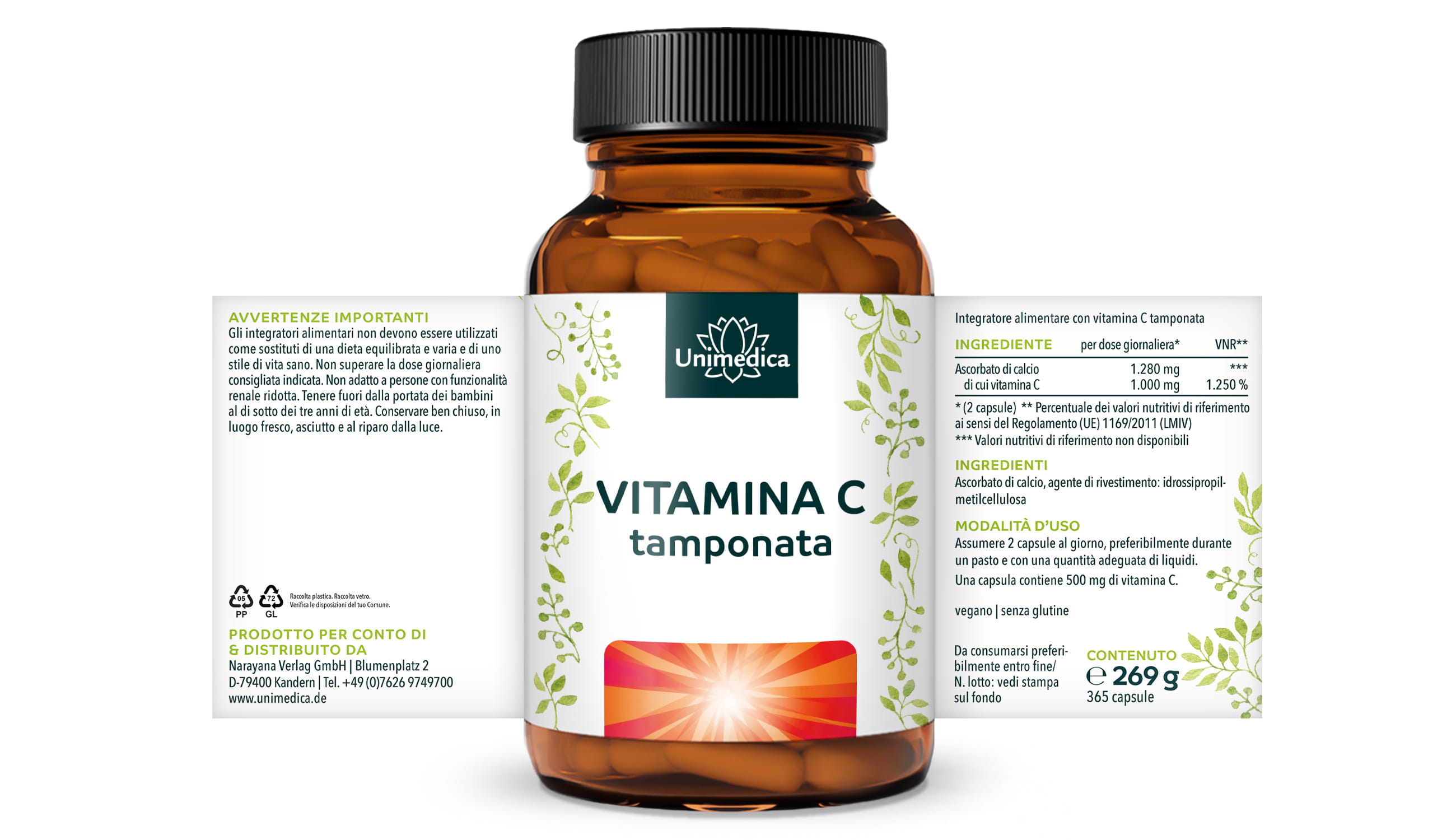 Vitamina C tamponata - 1.000 mg per dose giornaliera (2 capsule) - 99% di purezza - 365 capsule - di Unimedica