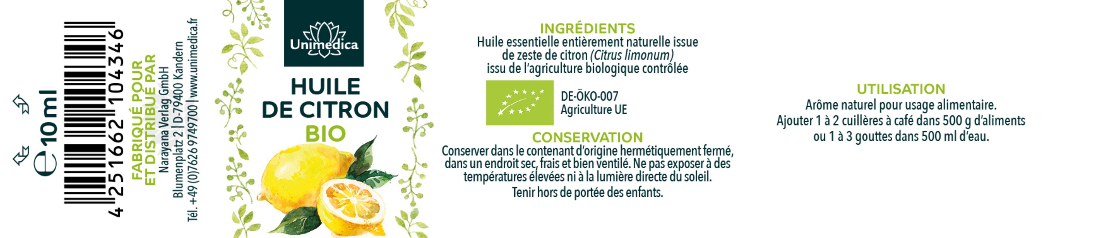 Huile de Citron Bio  Huile essentielle  10 ml  par Unimedica