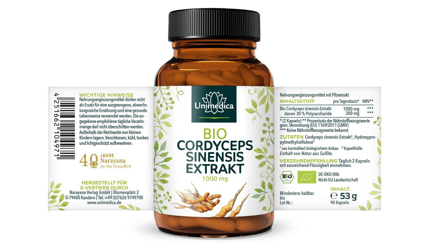 Bio Cordyceps - 1000 mg pro Tagesdosis (2 Kapseln) - mit 30 % Polysacchariden - hochdosiert - 90 Kapseln - von Unimedica