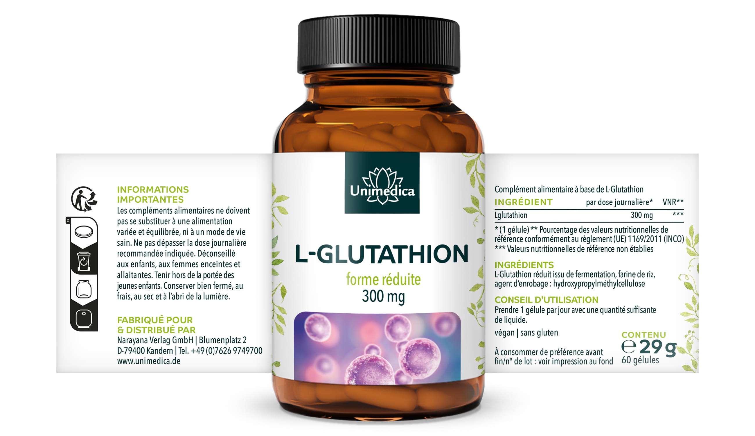 L-glutathion réduit - 300 mg, dose élevée, de fermentation naturelle, 60 gélules - d'Unimedica
