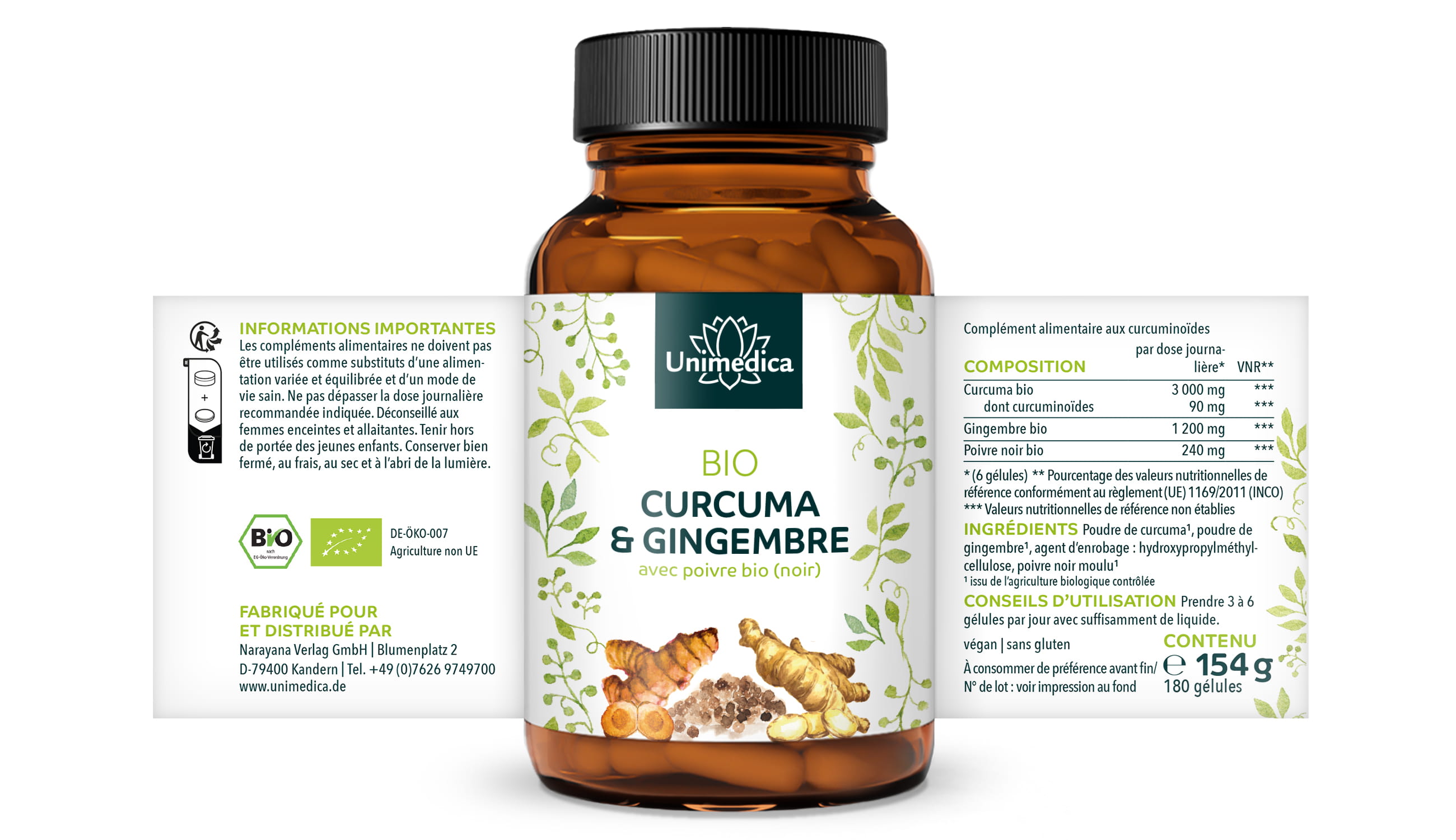 Curcuma et gingembre BIO au poivre (noir) BIO - 180 gélules - par Unimedica