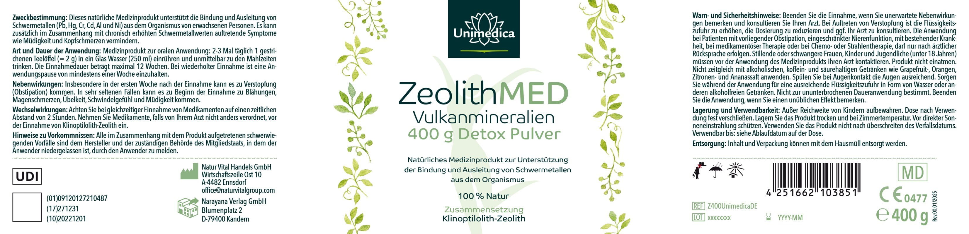 ZeolithMED Detox Pulver - Vulkanmineralien - 400 g - von Unimedica