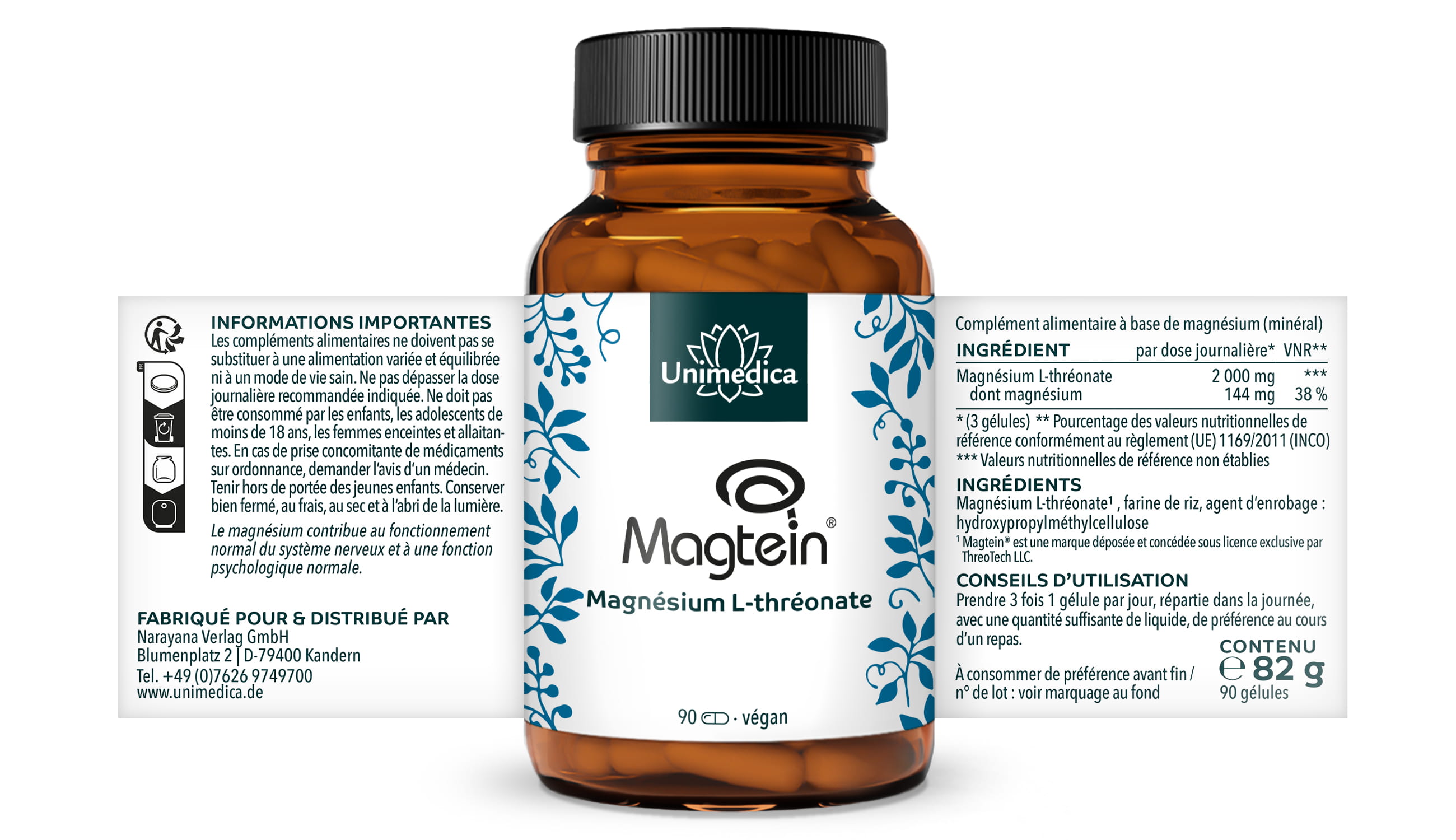 L-thréonate de magnésium - Magtein® - 144 mg de magnésium par dose quotidienne (3 gélules) - 90 gélules - par Unimedica