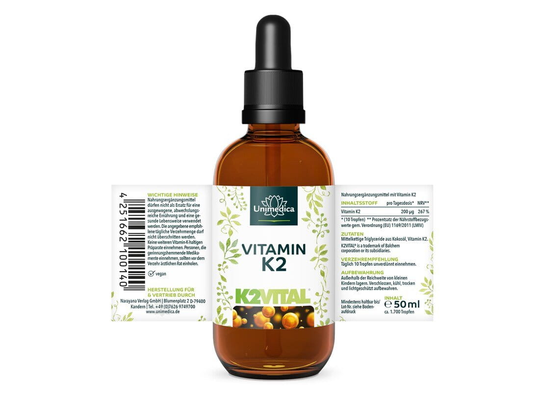 Vitamin K2 Tropfen - K2Vital - 200 µg pro Tagesdosis (10 Tropfen) -  MK7 All-trans - aus Norwegen - hochdosiert - 50 ml - von Unimedica