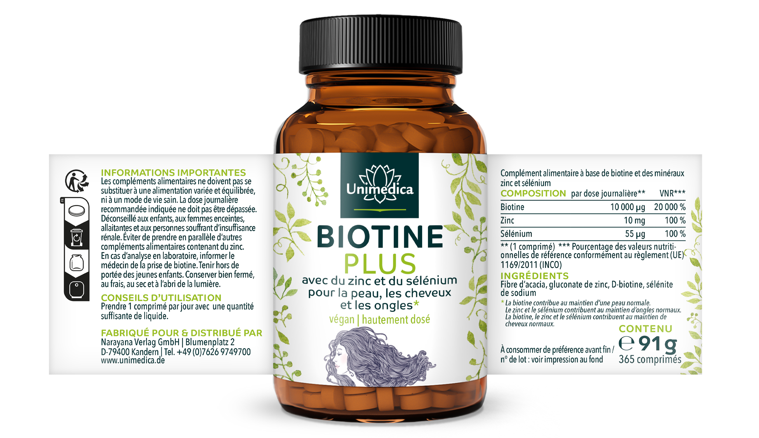 Biotine Plus avec sélénium et zinc* - pour la peau, les cheveux et les ongles - ultra hautement dosé - 365 comprimés - par Unimedica