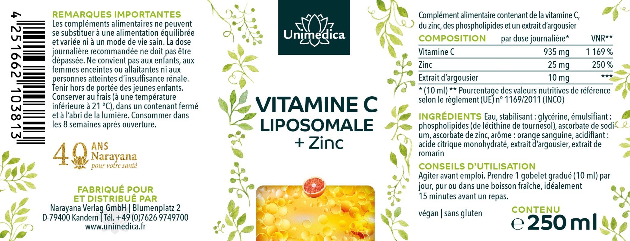 Lot: vitamine C liposomale + zinc - 935 mg de vitamine C et 25 mg de zinc par dose journalière (10 ml) - 2 x 250 ml - par Unimedica