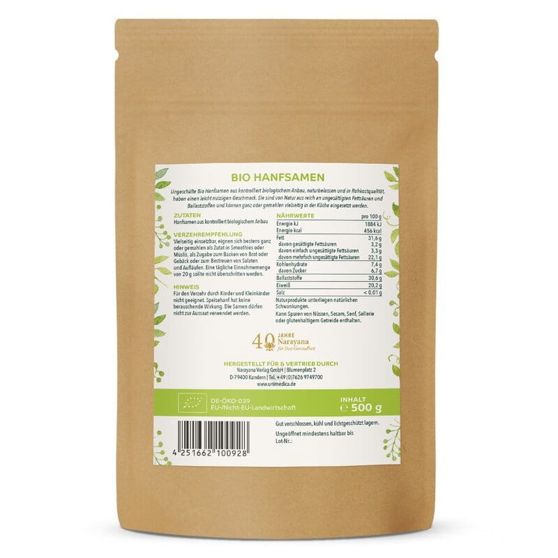 Bio Hanfsamen - ungeschält - naturbelassen -  500 g - von Unimedica
